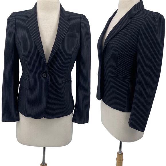 J Crew Wool Pinstripe Blazer Single Breasted Button Front Navy Petite Womens 8Pa - Picture 1 of 11
